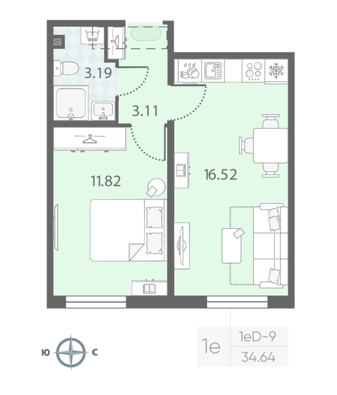 2-комнатная (Евро) квартира, 34.64 м² в ЖК "Морская миля" - планировка, фото №1