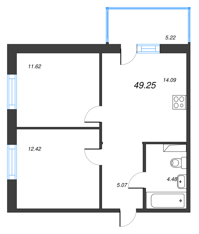 2-комнатная квартира, 49.25 м² в ЖК "IQ Гатчина" - планировка, фото №1