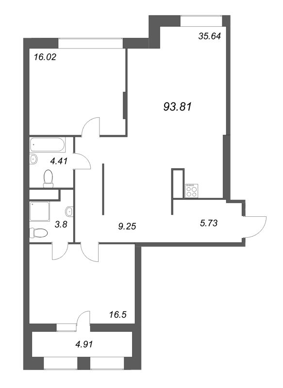 3-комнатная (Евро) квартира, 93.81 м² в ЖК "Talento" - планировка, фото №1