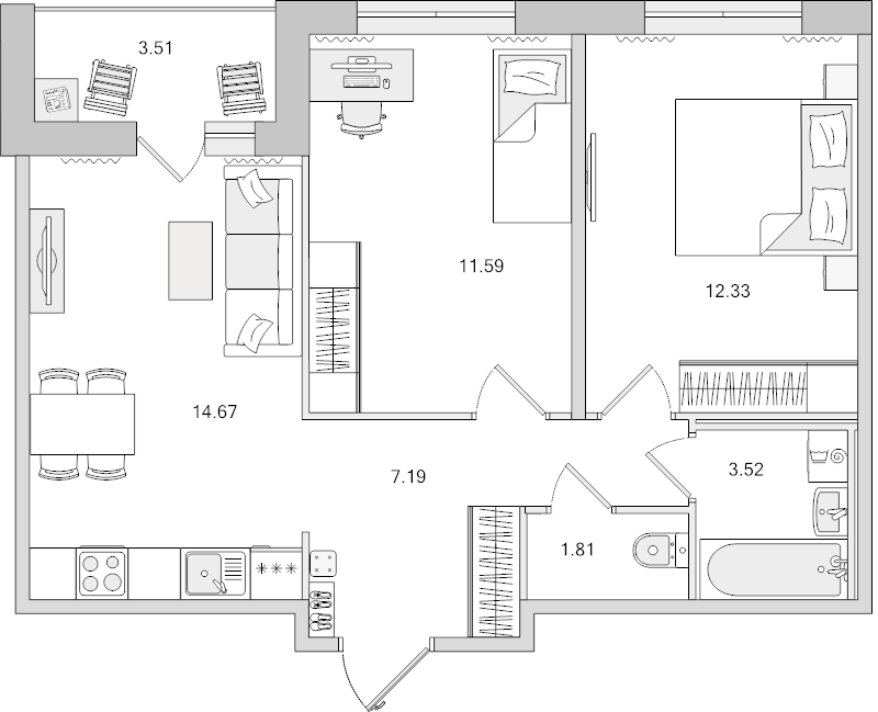 2-комнатная квартира, 54.62 м² в ЖК "Dreamline" - планировка, фото №1