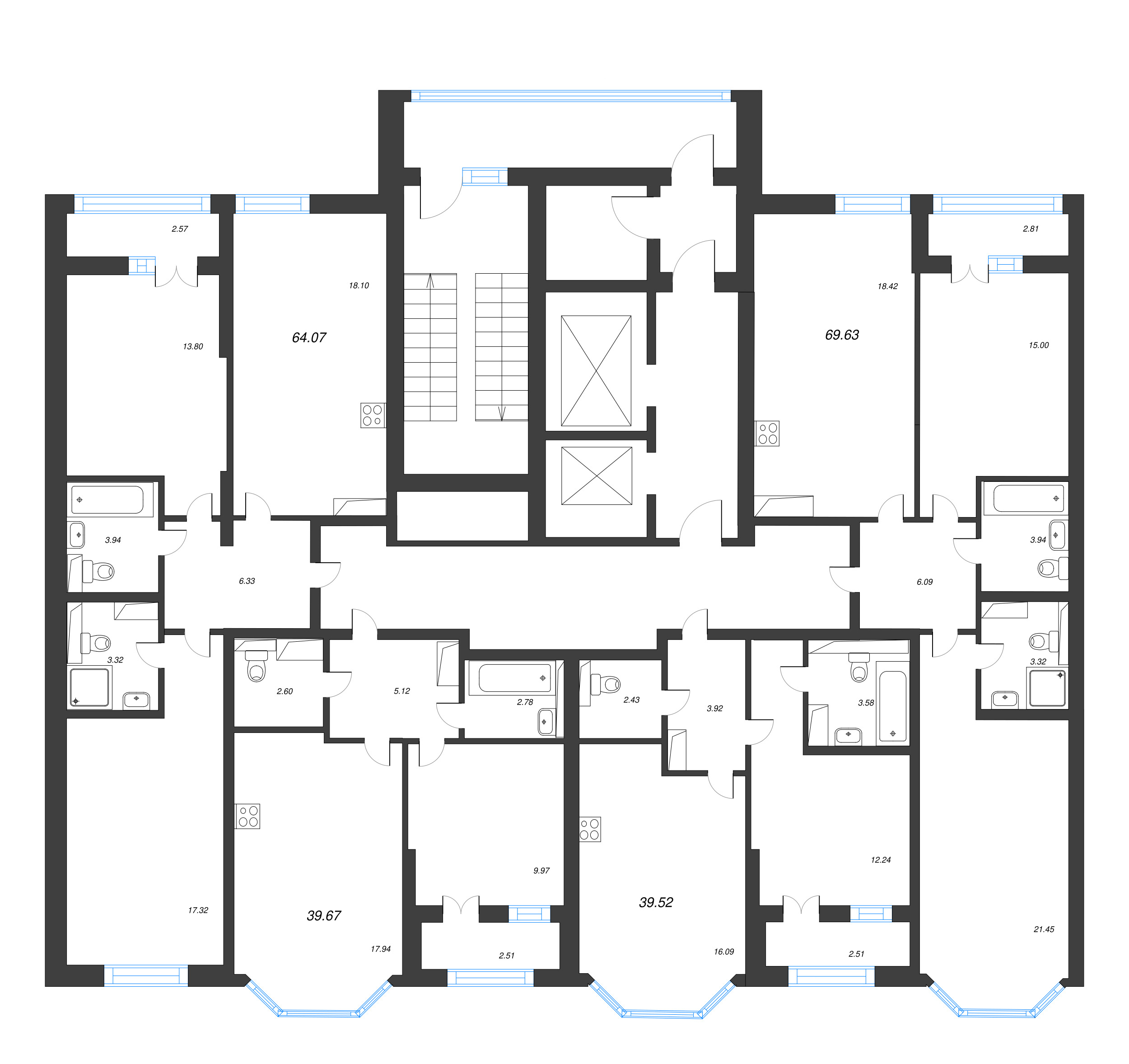 2-комнатная (Евро) квартира, 39.67 м² в ЖК "Цивилизация на неве" - планировка этажа