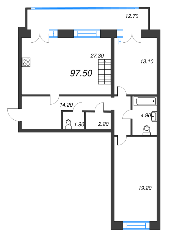 3-комнатная (Евро) квартира, 97.2 м² - планировка, фото №1
