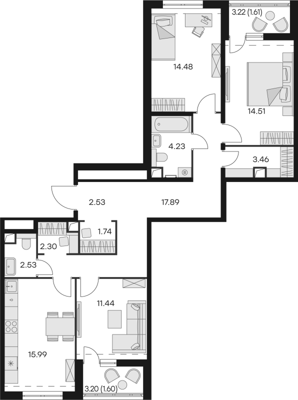 3-комнатная квартира, 94.31 м² в ЖК "GloraX Заневский" - планировка, фото №1