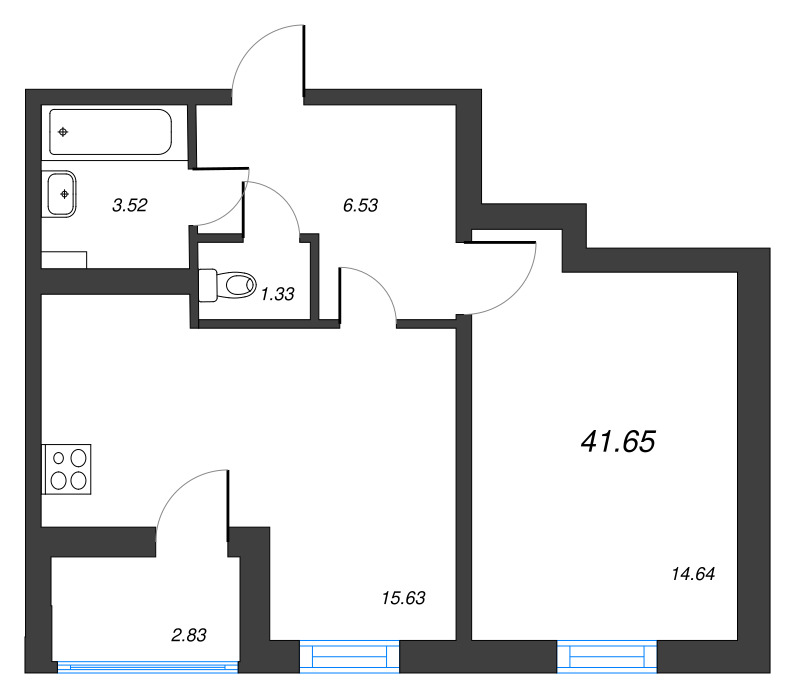 2-комнатная (Евро) квартира, 41.65 м² - планировка, фото №1