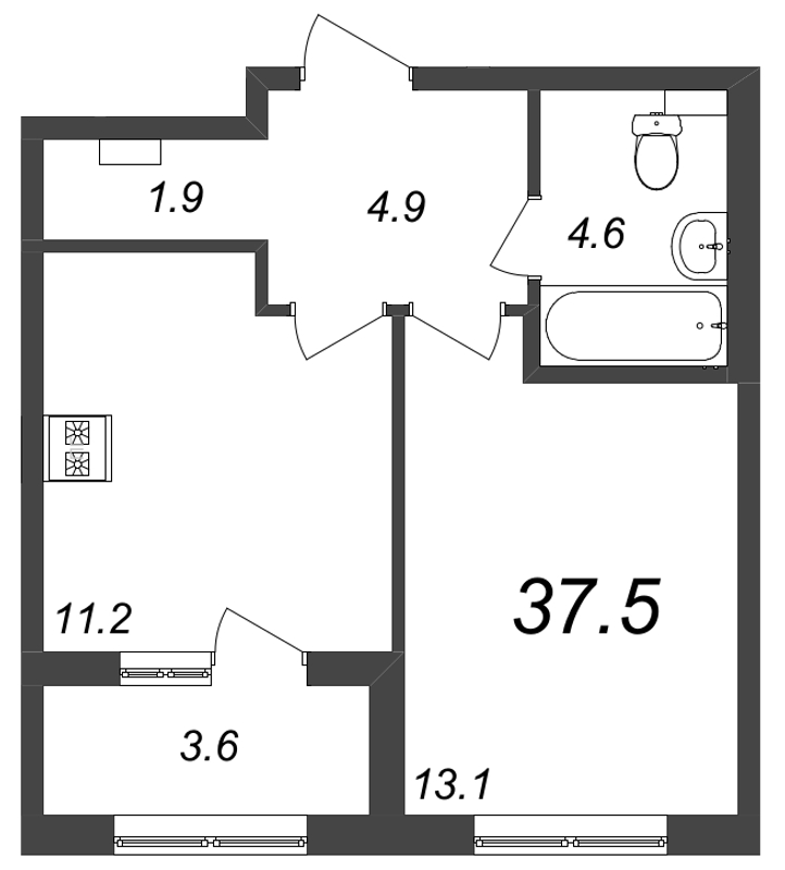 1-комнатная квартира, 37.5 м² - планировка, фото №1