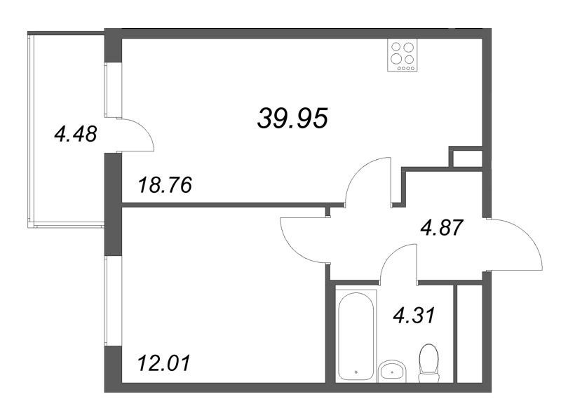 2-комнатная (Евро) квартира, 39.95 м² - планировка, фото №1