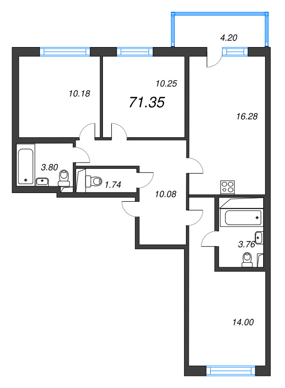 4-комнатная (Евро) квартира, 71.35 м² - планировка, фото №1