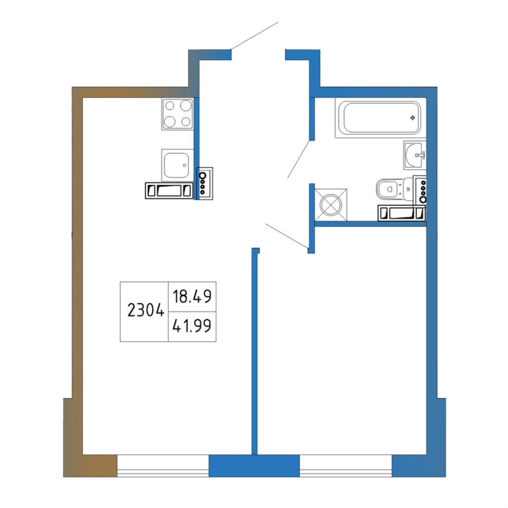 2-комнатная (Евро) квартира, 41.99 м² в ЖК "Атмосфера Выборга" - планировка, фото №1