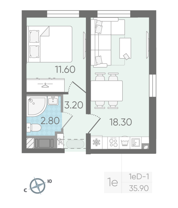 2-комнатная (Евро) квартира, 35.9 м² в ЖК "Октябрьская набережная" - планировка, фото №1