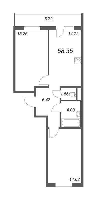 2-комнатная квартира, 58.35 м² - планировка, фото №1