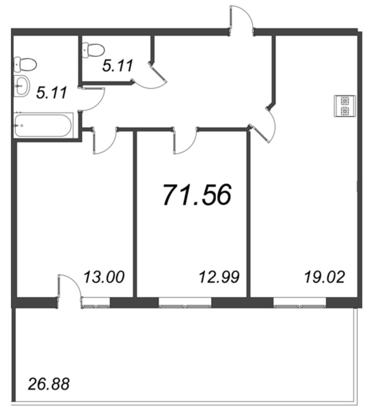 3-комнатная (Евро) квартира, 71.56 м² - планировка, фото №1