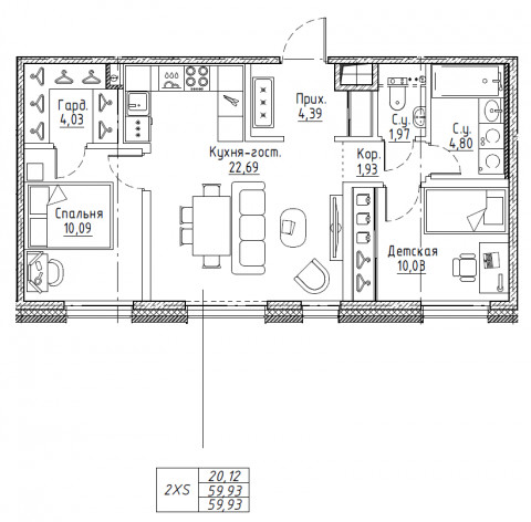 3-комнатная (Евро) квартира, 59.67 м² в ЖК "Большой Сампсониевский, 32" - планировка, фото №1