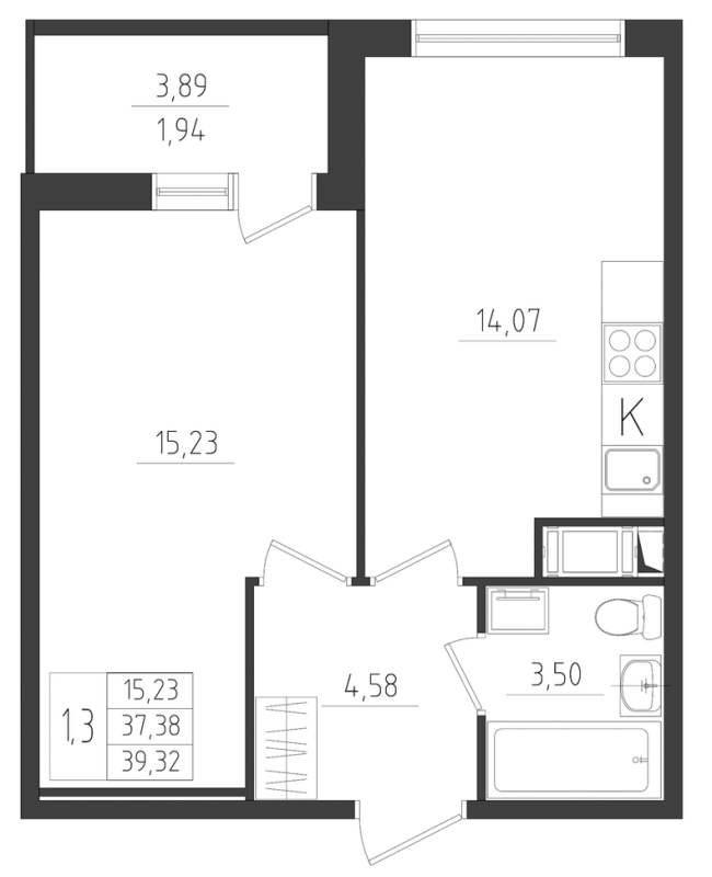 1-комнатная квартира, 39.32 м² в ЖК "Новикола" - планировка, фото №1