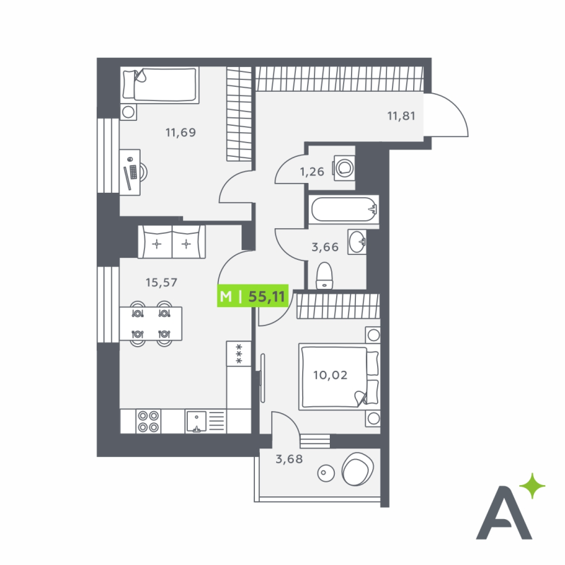 3-комнатная (Евро) квартира, 55.11 м² в ЖК "Аквилон Verba" - планировка, фото №1