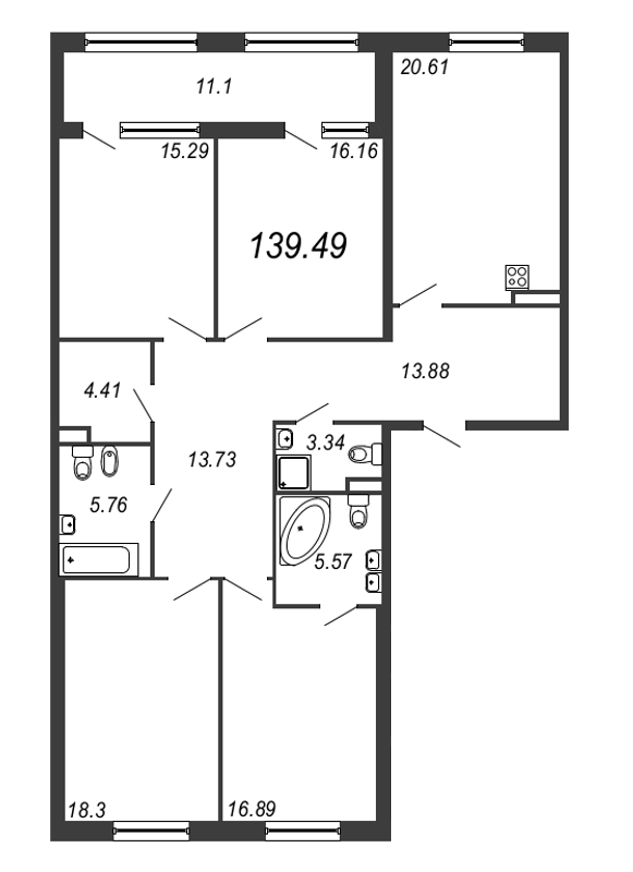 4-комнатная квартира, 143.2 м² - планировка, фото №1