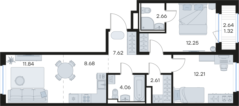 3-комнатная (Евро) квартира, 63.25 м² в ЖК "Новоселье" - планировка, фото №1