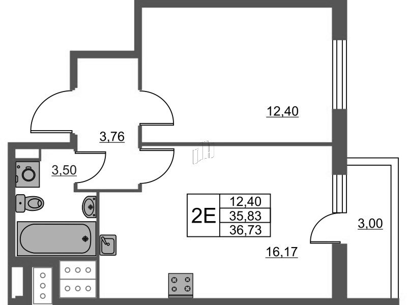 2-комнатная (Евро) квартира, 36.73 м² в ЖК "Лето" - планировка, фото №1