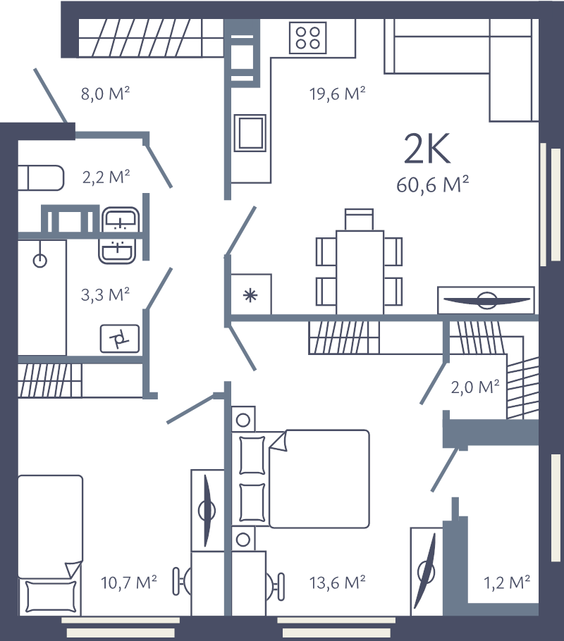 3-комнатная (Евро) квартира, 60.6 м² в ЖК "Лендлер" - планировка, фото №1