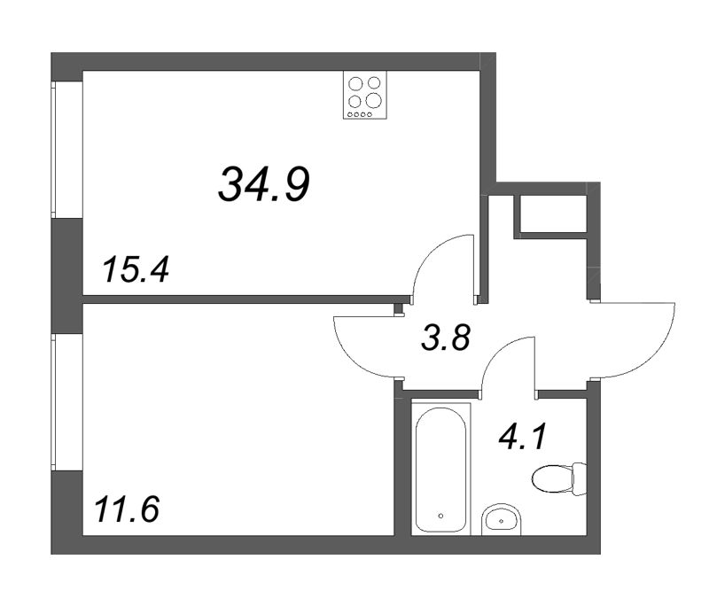 2-комнатная (Евро) квартира, 34.9 м² - планировка, фото №1