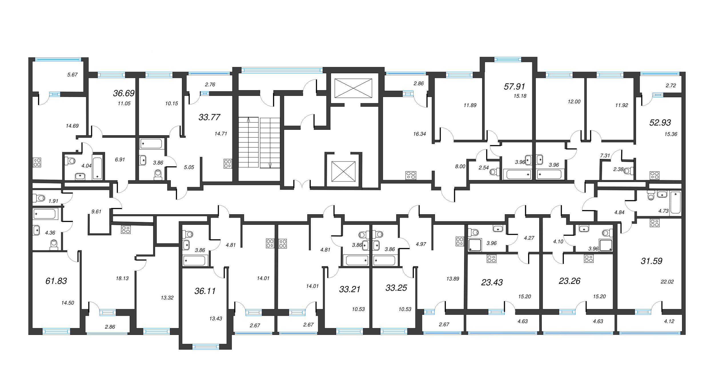 3-комнатная (Евро) квартира, 60.77 м² - планировка этажа