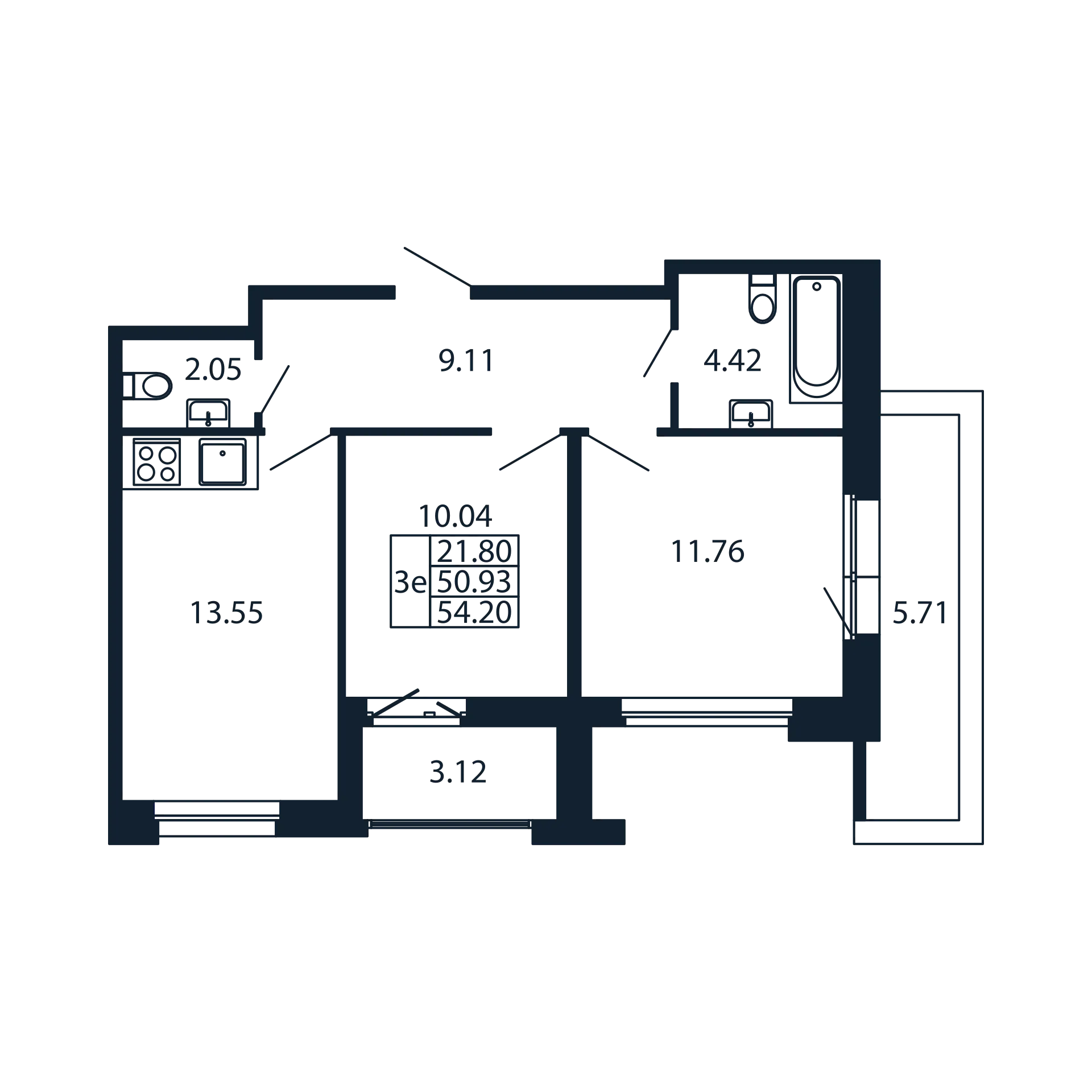 2-комнатная квартира, 50.93 м² в ЖК "Полис Новоселье" - планировка, фото №1