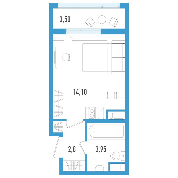 Квартира-студия, 22.6 м² в ЖК "AEROCITY" - планировка, фото №1