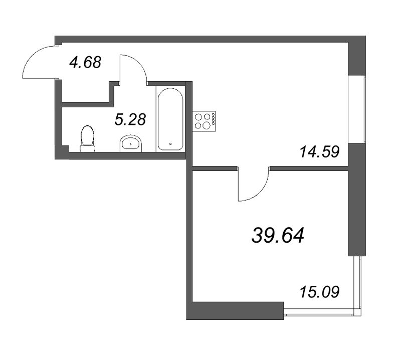 1-комнатная квартира, 39.64 м² - планировка, фото №1