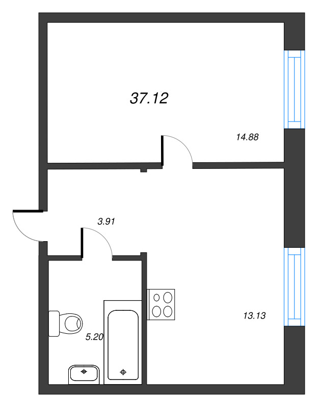 1-комнатная квартира, 37.12 м² - планировка, фото №1