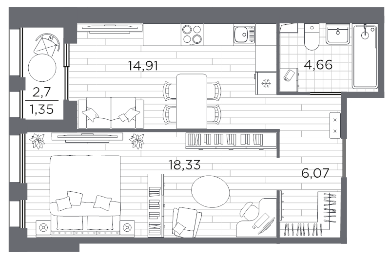 1-комнатная квартира, 45.32 м² в ЖК "Respect" - планировка, фото №1