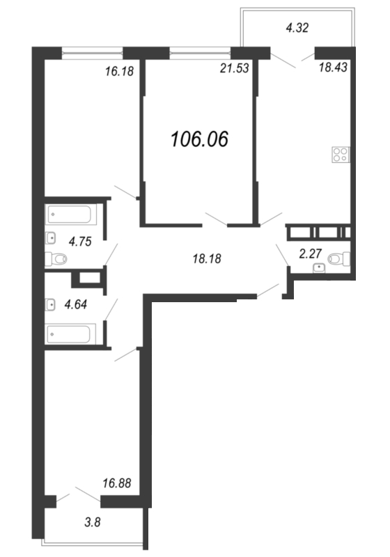 3-комнатная квартира, 105.5 м² - планировка, фото №1
