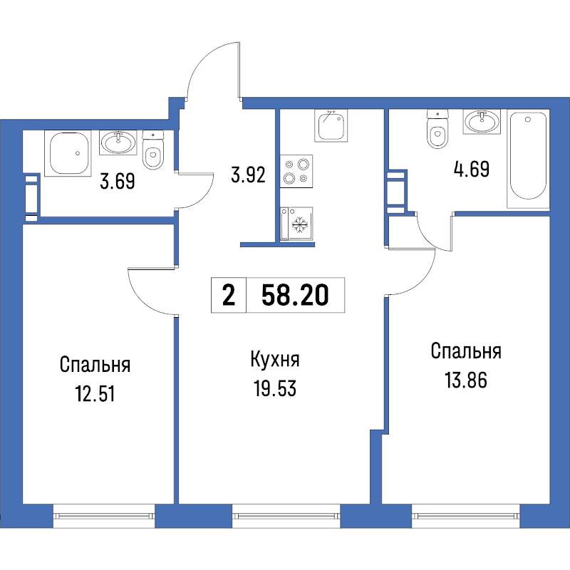 3-комнатная (Евро) квартира, 58.2 м² в ЖК "Урбанист" - планировка, фото №1