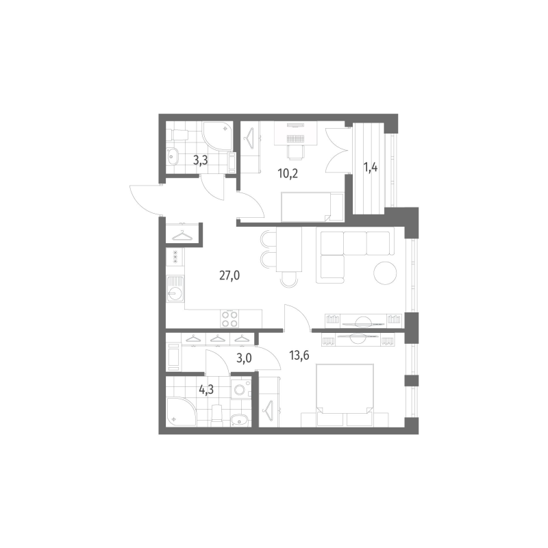 3-комнатная (Евро) квартира, 62.8 м² - планировка, фото №1