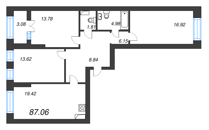 3-комнатная квартира, 87.06 м² - планировка, фото №1