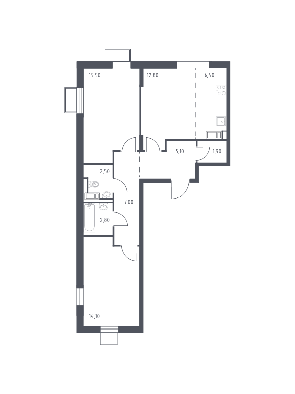 3-комнатная (Евро) квартира, 68.1 м² в ЖК "Курортный Квартал" - планировка, фото №1