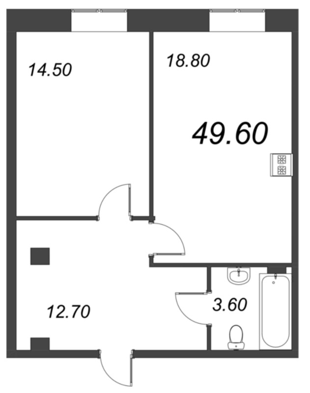 1-комнатная квартира, 49.6 м² - планировка, фото №1
