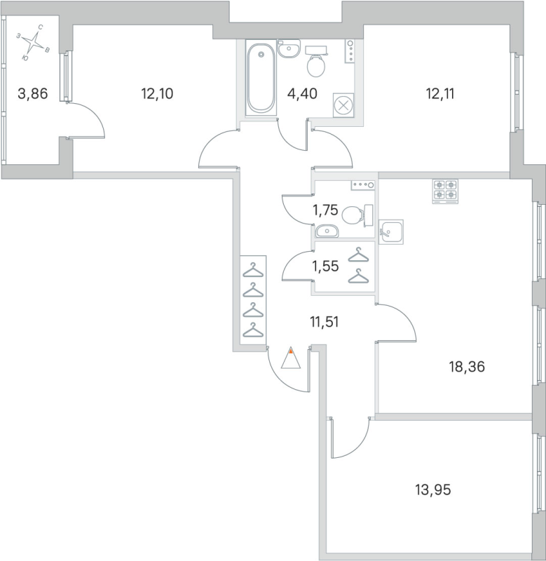 4-комнатная (Евро) квартира, 75.73 м² - планировка, фото №1