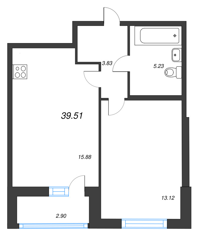 2-комнатная (Евро) квартира, 39.51 м² в ЖК "Аквилон Leaves" - планировка, фото №1