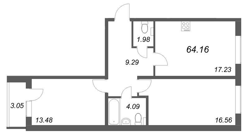 3-комнатная (Евро) квартира, 64.16 м² в ЖК "АРО" - планировка, фото №1