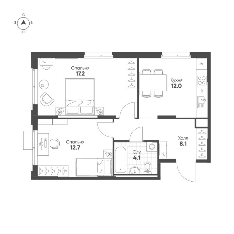 2-комнатная квартира, 54.1 м² в ЖК "Ягодное Река Парк" - планировка, фото №1
