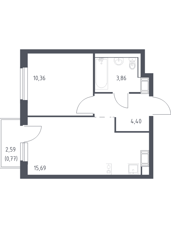 2-комнатная (Евро) квартира, 35.08 м² в ЖК "Квартал Торики" - планировка, фото №1