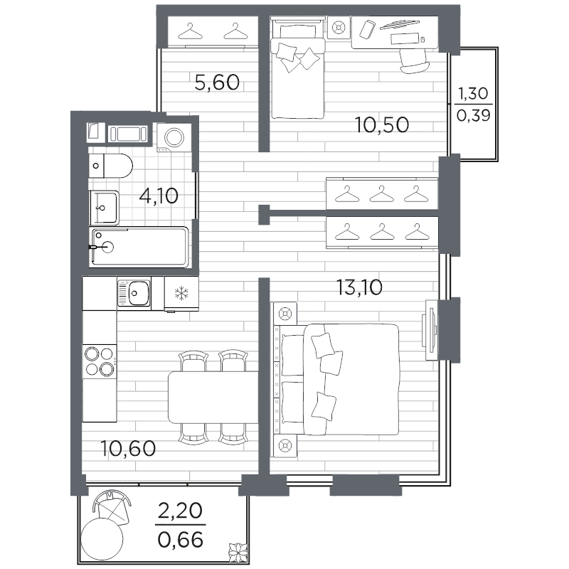2-комнатная квартира, 44.95 м² в ЖК "Плюс Пулковский" - планировка, фото №1