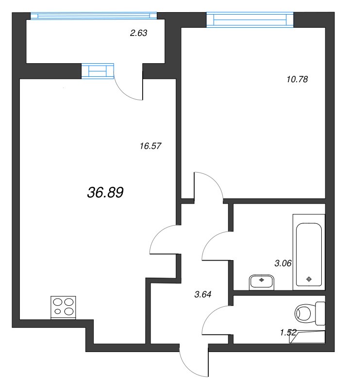 2-комнатная (Евро) квартира, 36.89 м² в ЖК "AEROCITY" - планировка, фото №1