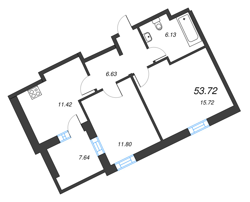 2-комнатная квартира, 53.72 м² в ЖК "Рощино Residence" - планировка, фото №1