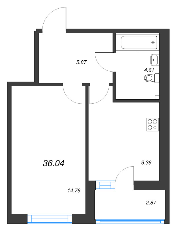 1-комнатная квартира, 36.04 м² - планировка, фото №1