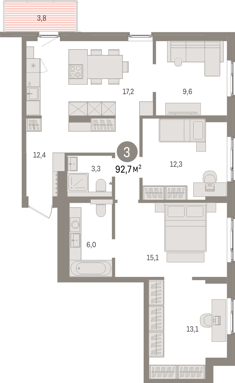 4-комнатная (Евро) квартира, 92.7 м² в ЖК "Брусника в Новоселье" - планировка, фото №1