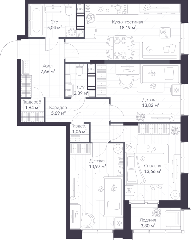 4-комнатная (Евро) квартира, 84.77 м² в ЖК "VEREN NORT сертолово" - планировка, фото №1