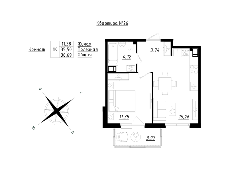 2-комнатная (Евро) квартира, 36.69 м² в ЖК "Счастье 2.0" - планировка, фото №1