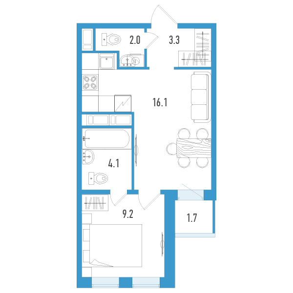 2-комнатная (Евро) квартира, 35.6 м² - планировка, фото №1