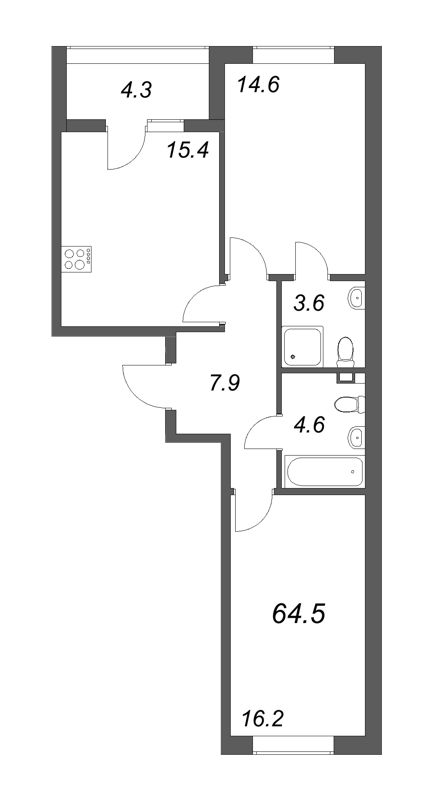 3-комнатная (Евро) квартира, 64.5 м² в ЖК "Пулковский дом" - планировка, фото №1