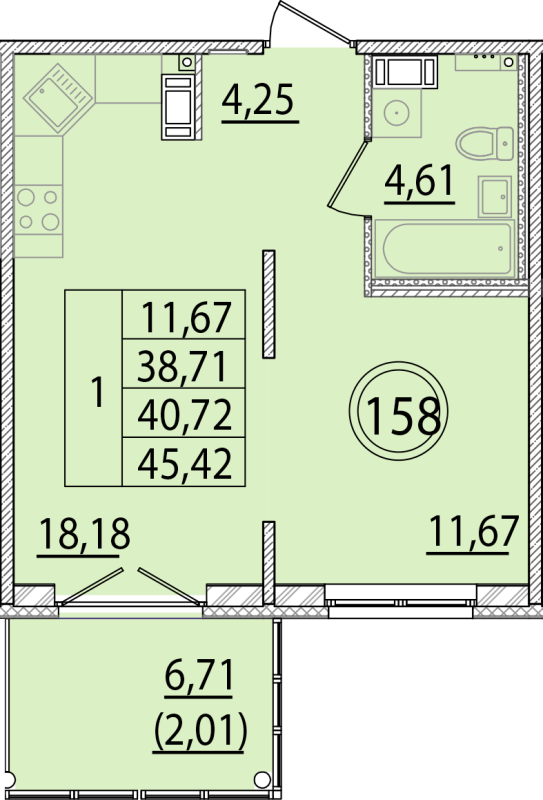 2-комнатная (Евро) квартира, 38.71 м² - планировка, фото №1